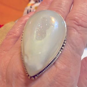 Huge Mother of Pearl Druzy tear drop shaped ring
